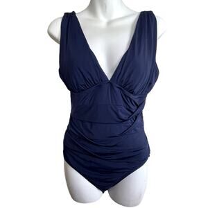 Garnet Hill Ruched One Piece Swimsuit Navy Blue Size 8 Flattering‎ Lined